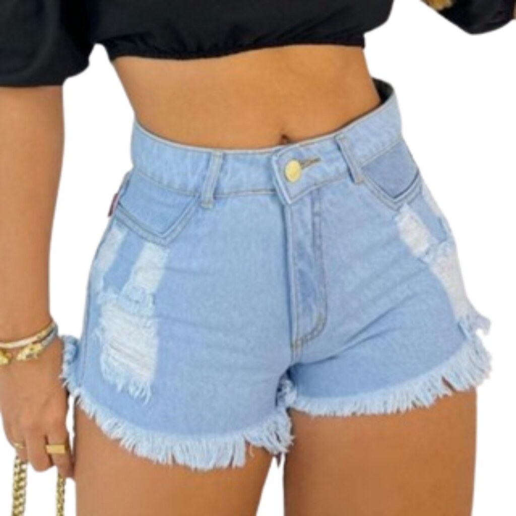 Short Feminino Jeans Azul Claro Barra Desfiada c/ Detalhes Destroyed,TremBaoshopstore