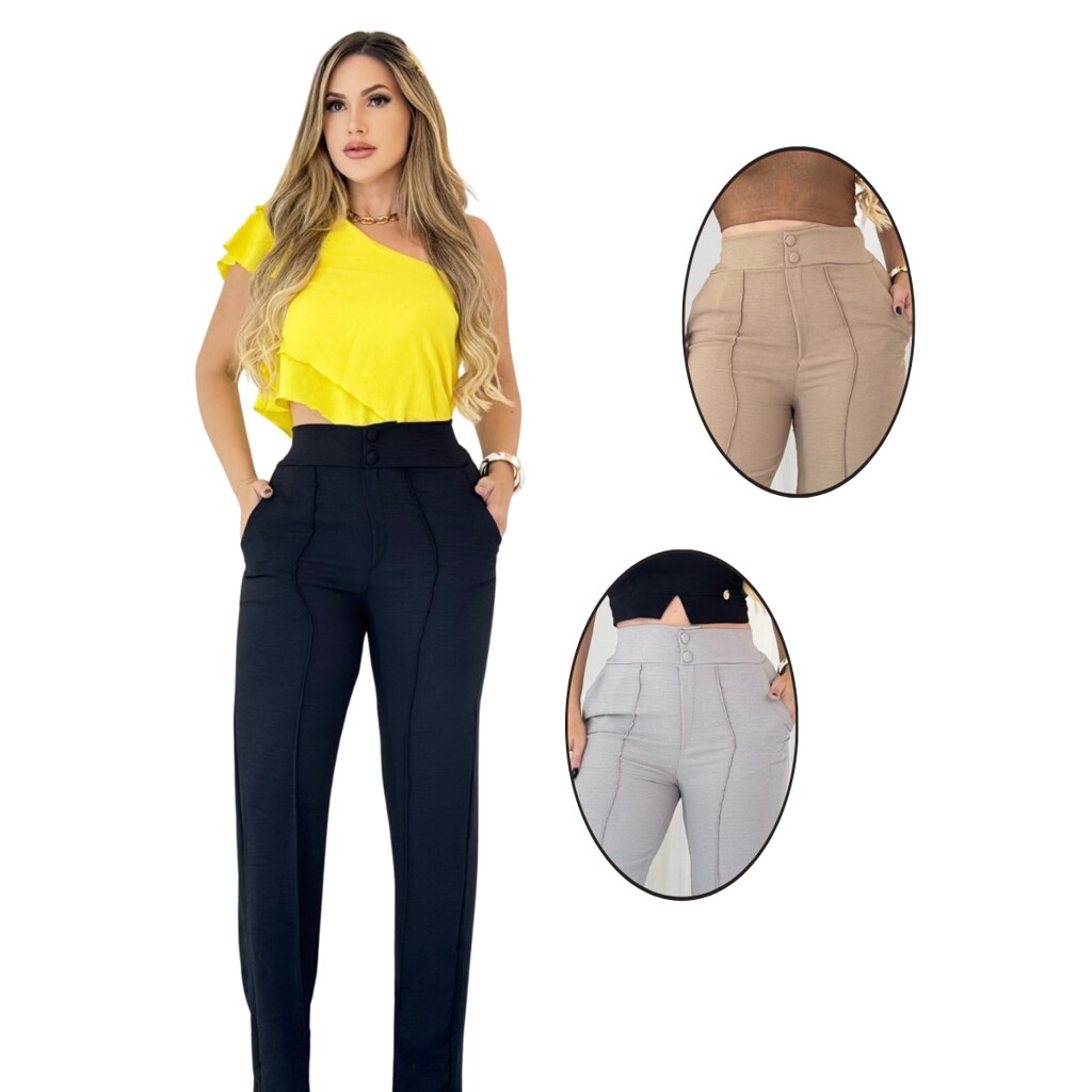 Kit 2 Calça Feminina Pantalona Cintura Alta em Crepe Duna, Executiva,Modelagem Premium,Soberano Stores