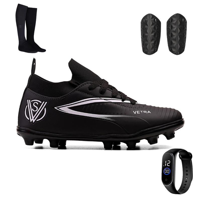 Kit Chuteira Campo/Trava Infantil para Meninos + Meião + Relógio Digital e Caneleira