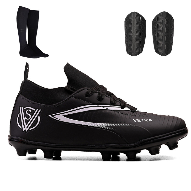 Kit Chuteira de Trava Infantil Cano Médio para Futebol de Campo + Meião + Caneleira