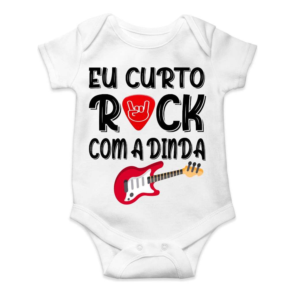 Body Bebê Personalizado Temático Curto Eu Rock Com A Dinda