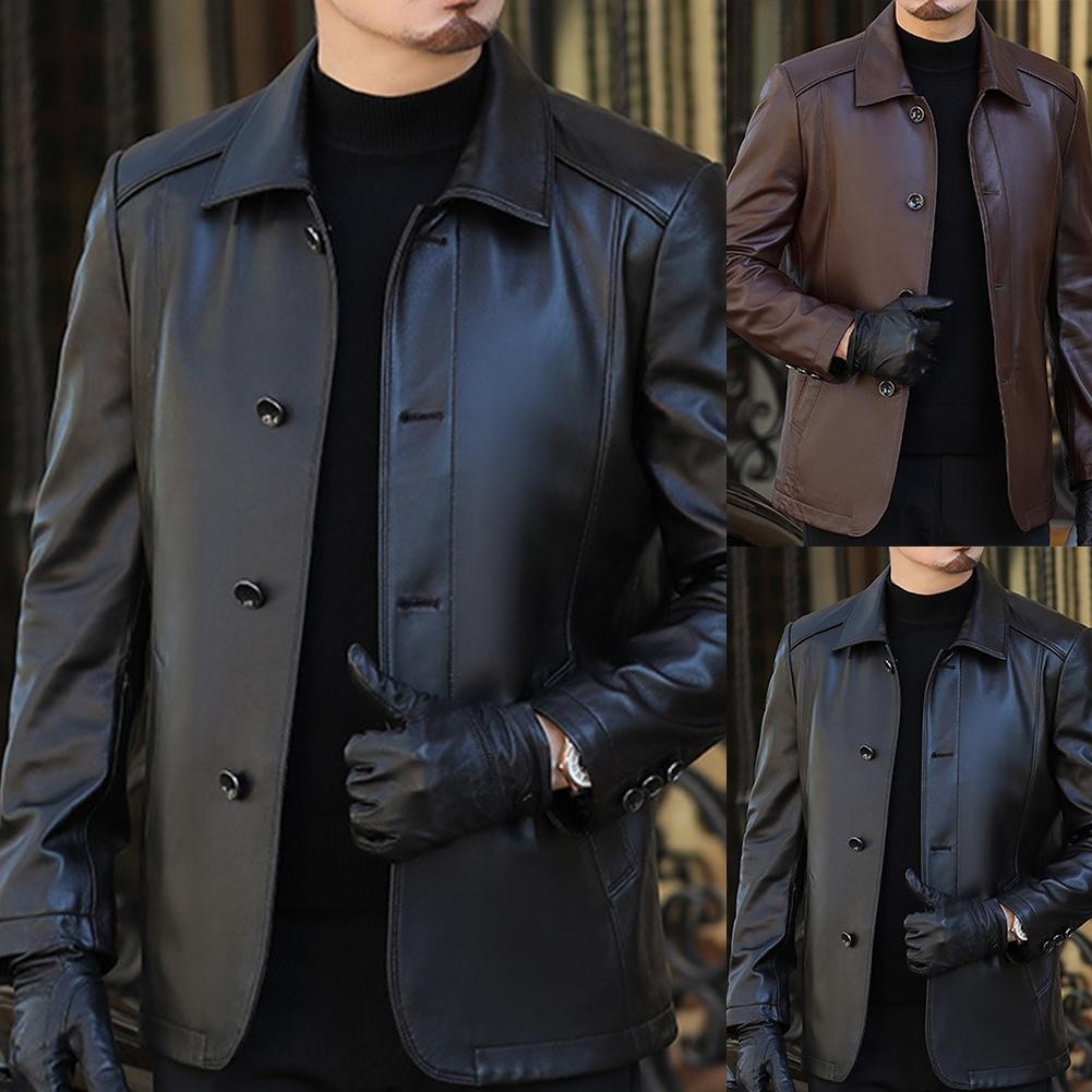 { HOT } Jaqueta Masculina De Couro De Cordeiro Com Forro Facial , Casaco Casual Para Temporada