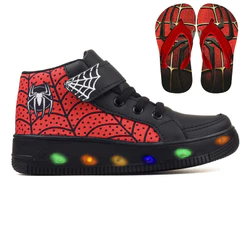 Kit Tenis Botinha de Led Meninos Cano Alto Aranha Confortavel Divertido Ajuste Facil + Chinelo