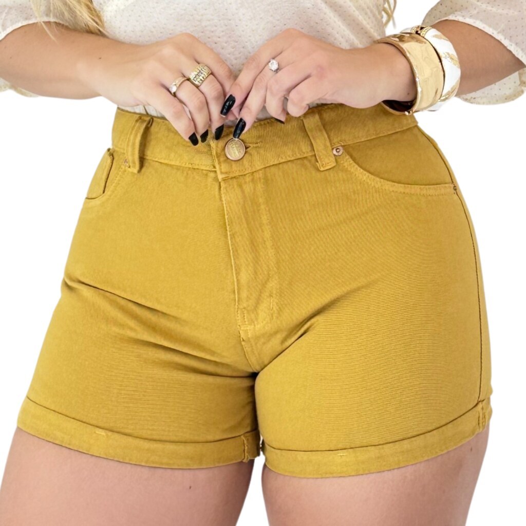 Short Jeans Feminino Barra Dobrada Cintura Alta Lavagem Turquesa