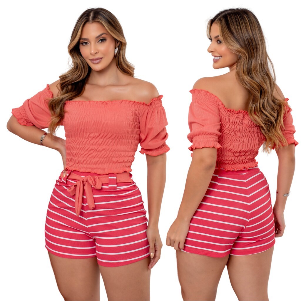 Conjunto Feminino Rosa Blusinha Com Mangas Ombro a Ombro e Short Listrado, Fit.way