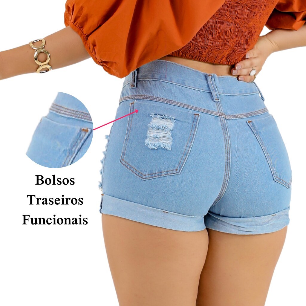 Short Jeans Feminino Cintura Alta Destroyed Barra Dobrada Jeans Casual Moda Verão