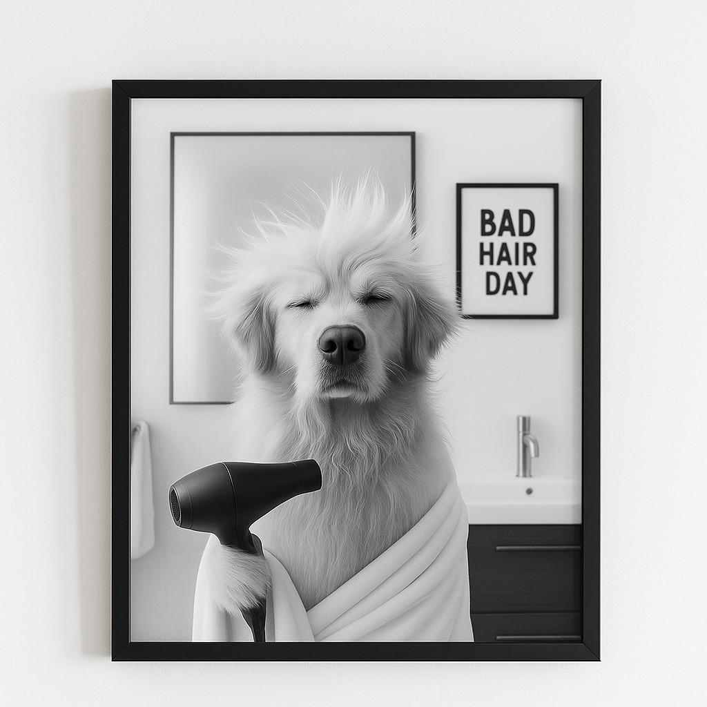 Quadro Banheiro Golden Retriever - Bad Day Hair - Moldura Preta