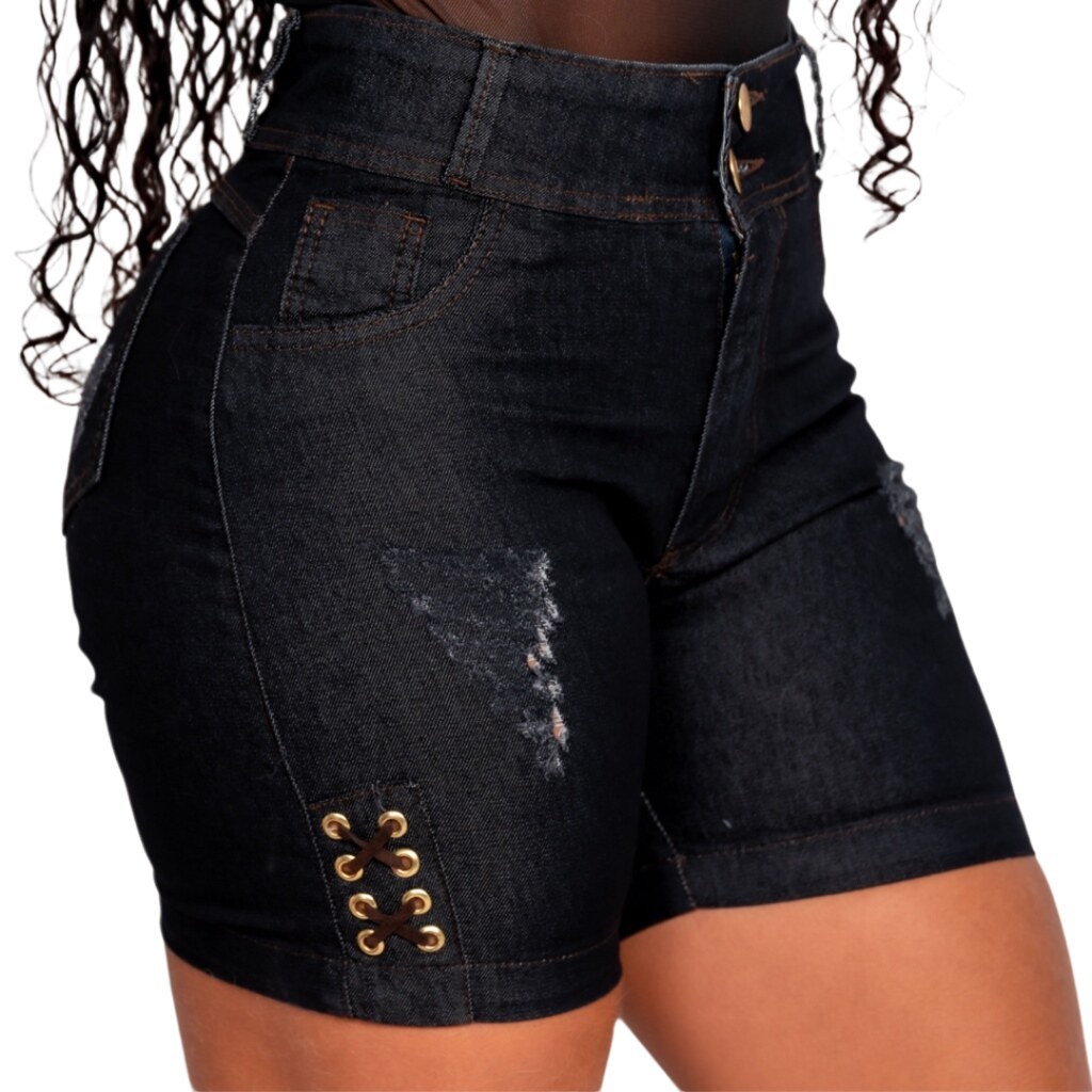Short Jeans Feminino Premium Ilhós com Lycra Bermuda Modelos, Conceição Rosa