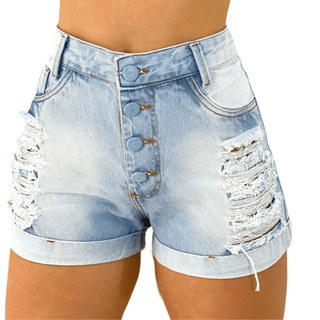 Short Jeans Feminino Soft Cintura Alta Hot Pants Destroyed, Glamour e Luxo Jeans