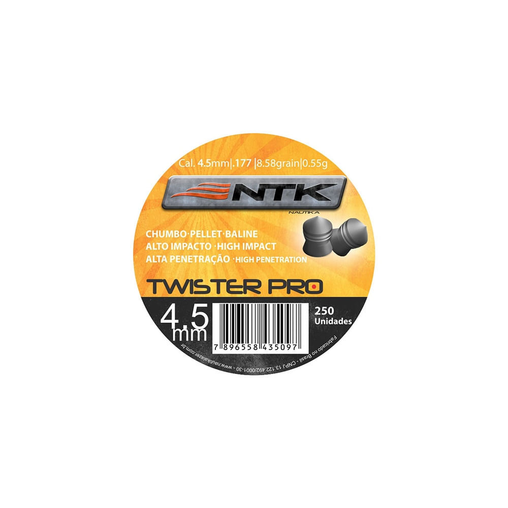 Chumbinho Twister 4,5 mm TAG com grande poder de impacto e choque - 250 peças