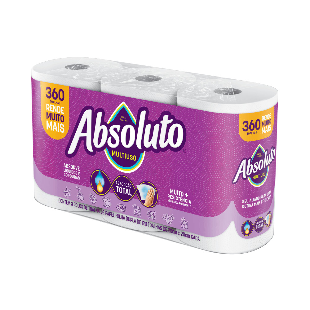 Papel Toalha Absoluto Multiuso 360 Folhas - com 3 unidades de 120 folhas cada