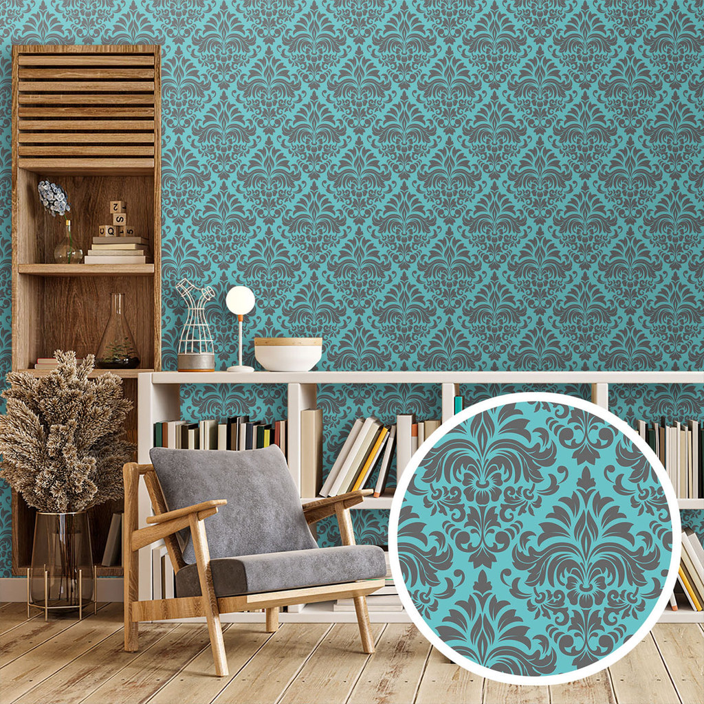 Adesivo Decorativo Papel Parede 3M Estampa Arabesco Clássica Com Elementos Florais E Folhagens Azul Printoriah 3M