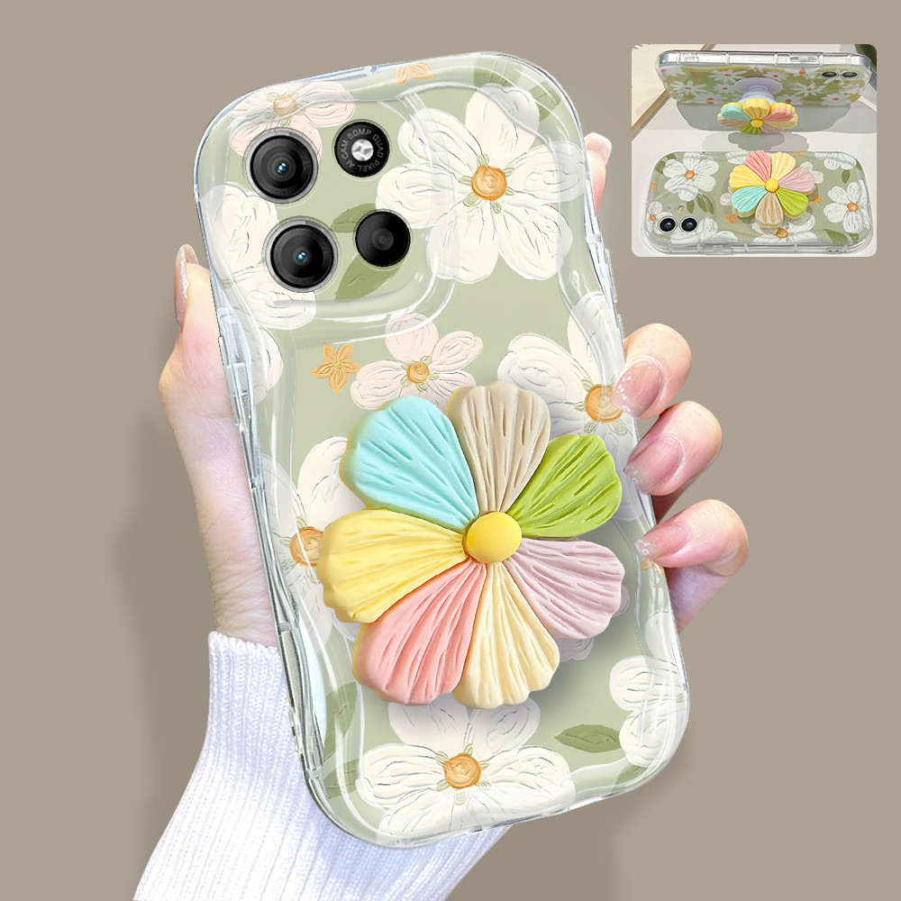 Capinha De Telefone Com Suporte De Flor 3D Capa Para Motorola Moto G15 Silicone 