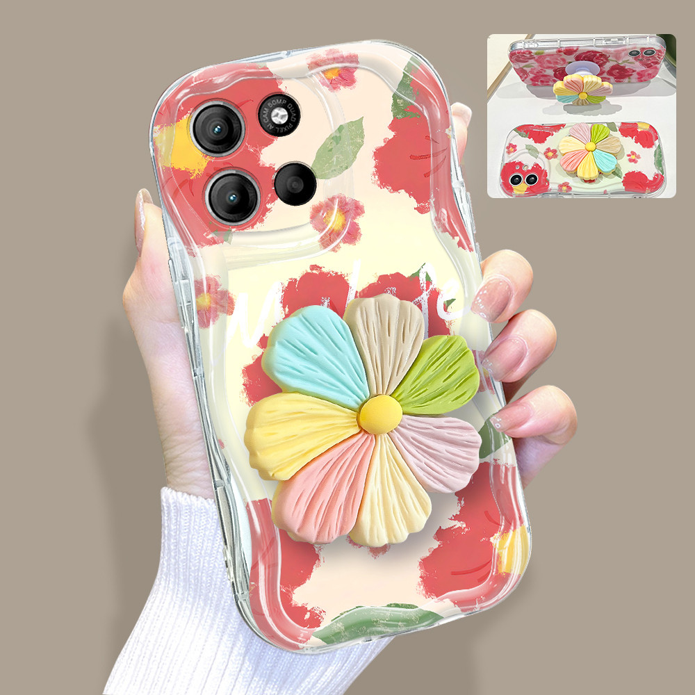Capinha De Telefone Com Suporte De Flor 3D Capa Para Motorola Moto G15 Silicone 
