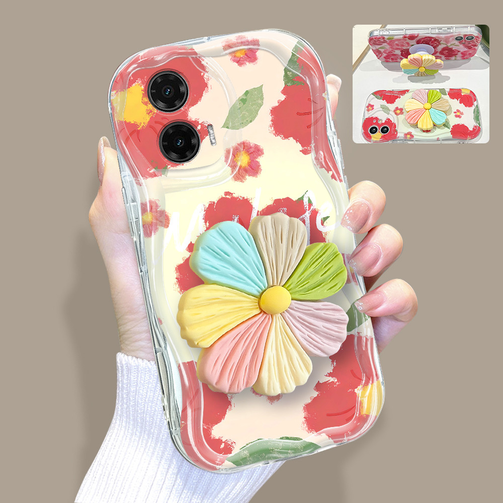 Capinha De Telefone Com Suporte De Flor 3D Capa Para Motorola Moto G35 5G Silico