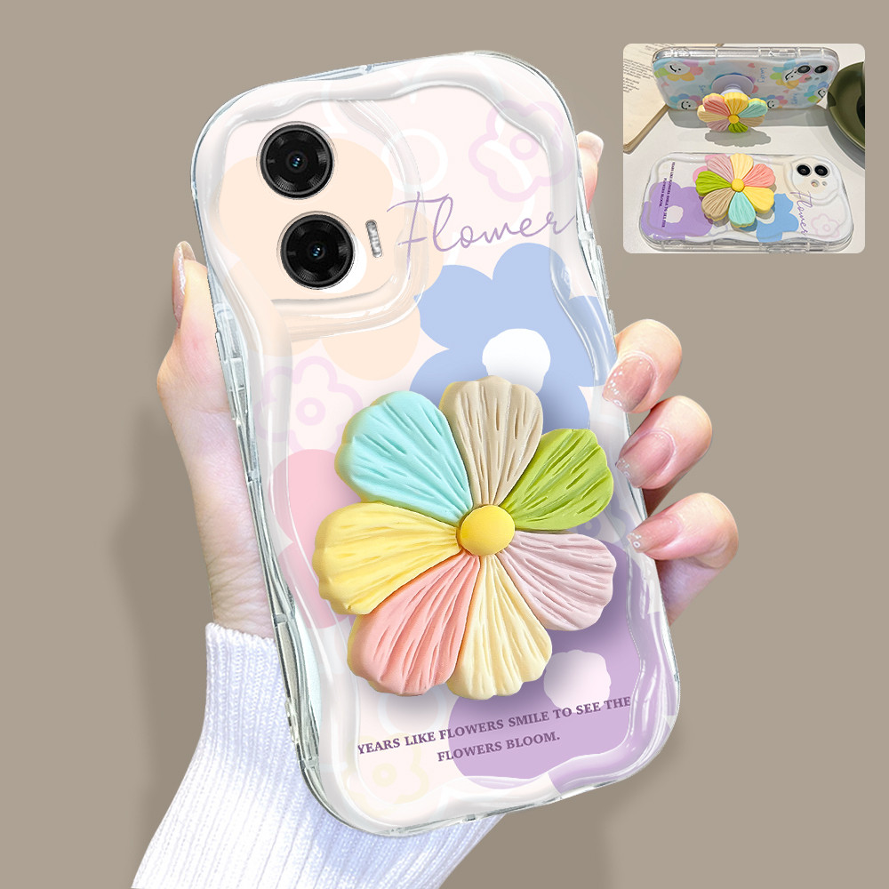 Capinha De Telefone Com Suporte De Flor 3D Capa Para Motorola Moto G35 5G Silico