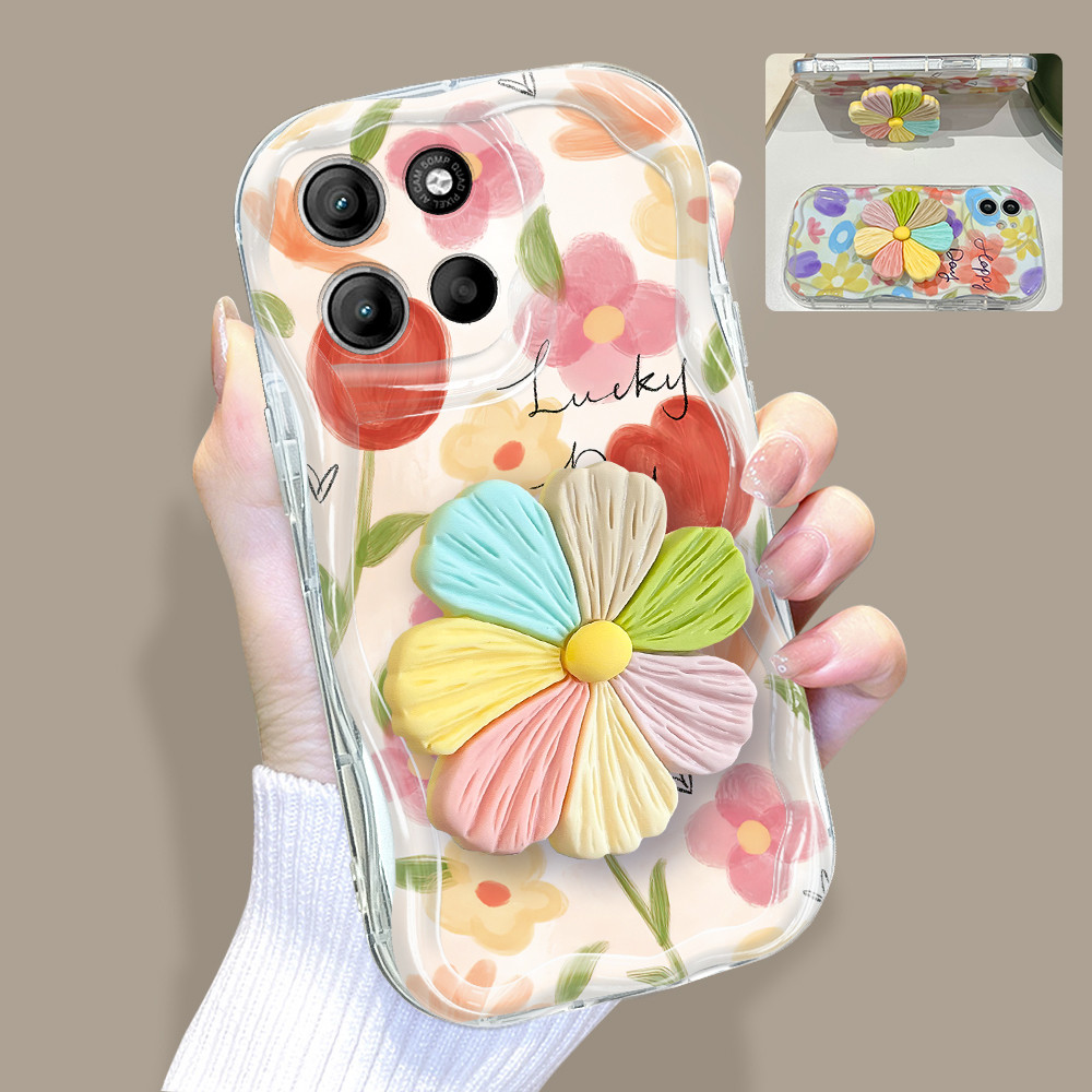 Capinha De Telefone Com Suporte De Flor 3D Capa Para Motorola Moto G15 Silicone 
