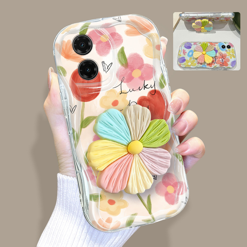 Capinha De Telefone Com Suporte De Flor 3D Capa Para Motorola Moto G35 5G Silico