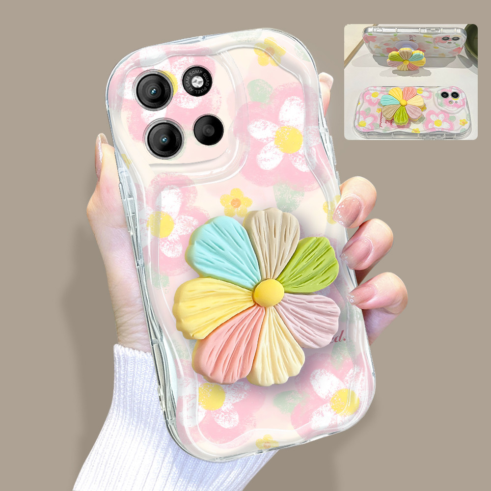 Capinha De Telefone Com Suporte De Flor 3D Capa Para Motorola Moto G15 Silicone 