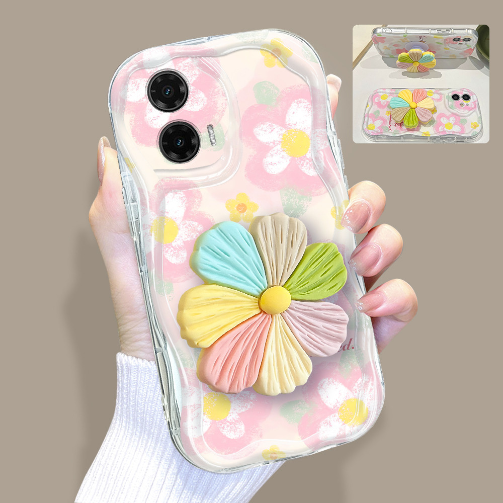 Capinha De Telefone Com Suporte De Flor 3D Capa Para Motorola Moto G35 5G Silico