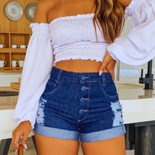 Short Jeans Feminino Cintura Alta Barra Dobrada Levanta Bumbum Valoriza o Corpo 100% Algodão em Oferta na Shopee