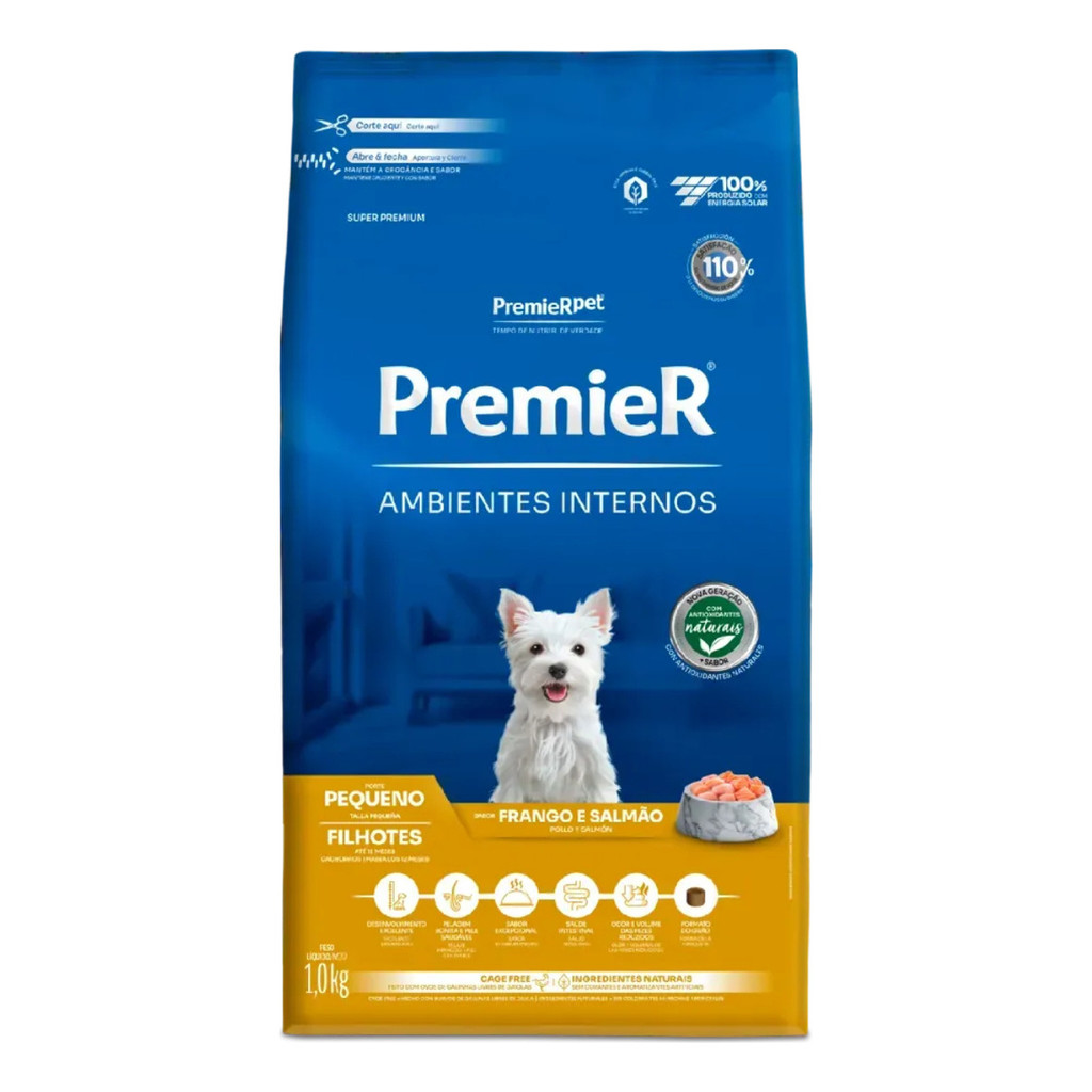 Ração Premier Para Cães Filhotes De Raças Pequenas Ambientes Internos Sabor Frango E Salmão - 1Kg