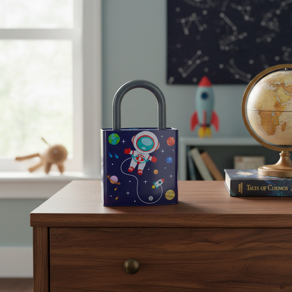 Cofre Cofrinho De Metal Infantil De Cadeado Astronauta 26cm Astronauta Azul-celeste