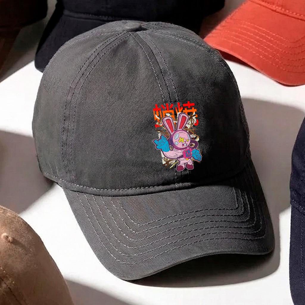 Boné Baseball Coelho Robô Cyberpunk Futurista Gamer Unissex Ajustável Streetwear Bege