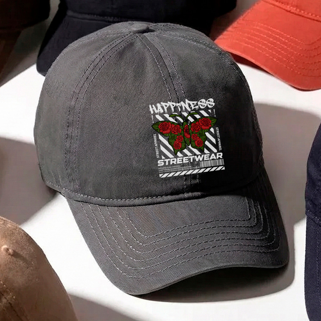 Boné Baseball Borboleta Rosas Happiness Streetwear Unissex Ajustável Bege