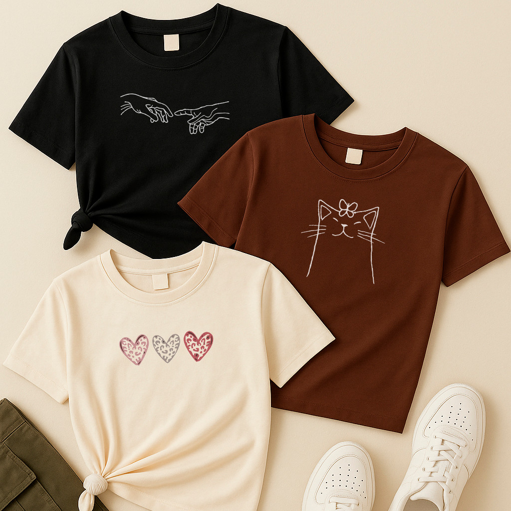 Blusa preta, marrom e off white Mãos Criação, Gatinha Laço e Corações Onça