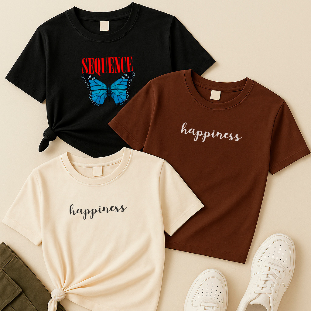 Camiseta kit3 Borboleta Sequence, Happiness e Happiness Minimalista