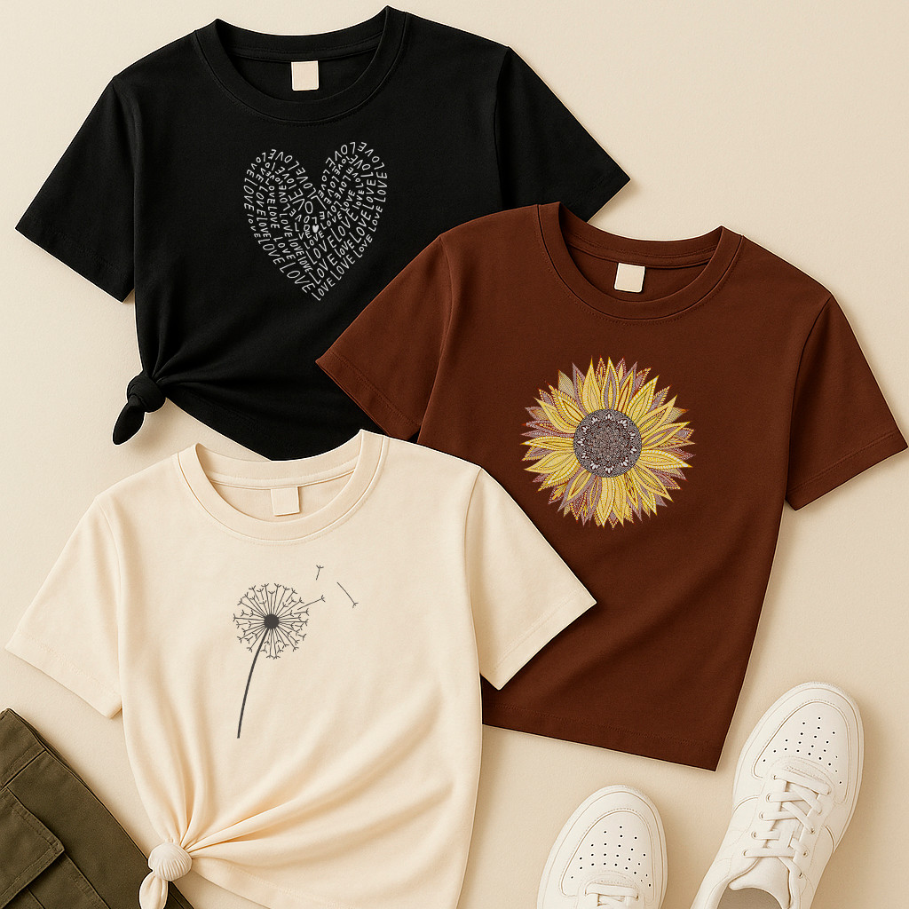 Blusas femininas kit3 Coração Palavras, Girassol e Dente de Leão