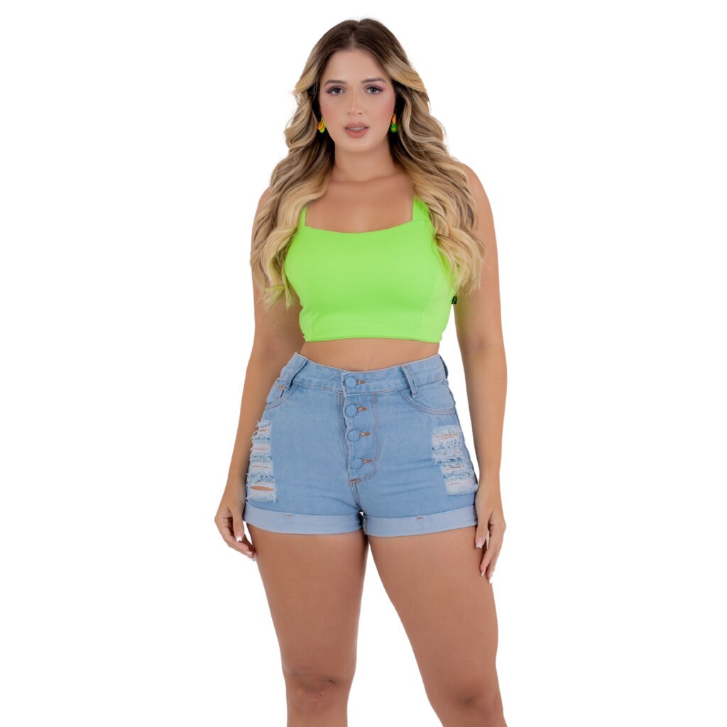 Short Feminino Jeans Cós Alto Claro com 4 botões Destroyed,Shopegrife