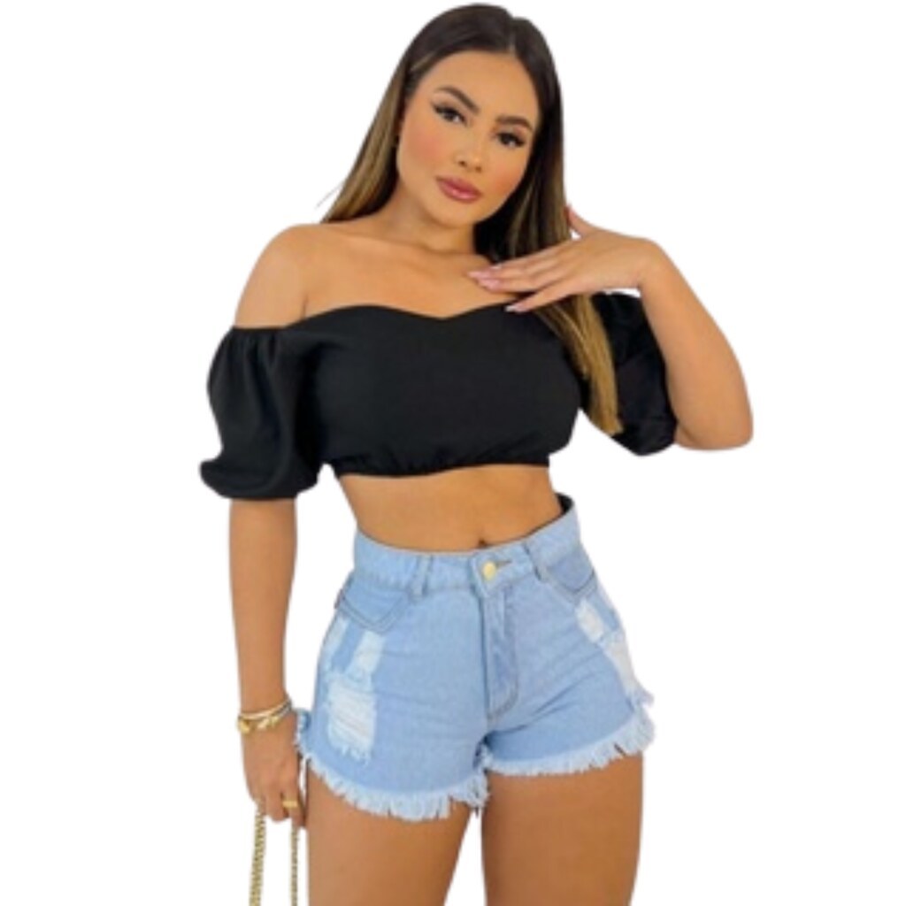 Short Feminino Jeans Azul Claro Barra Desfiada c/ Detalhes Destroyed,Tudo Bagalu