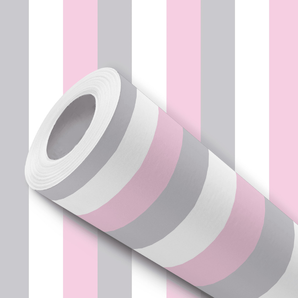 Papel de Parede Adesivo Resistente Listrado Rosa Cinza Branco Fácil Aplicação