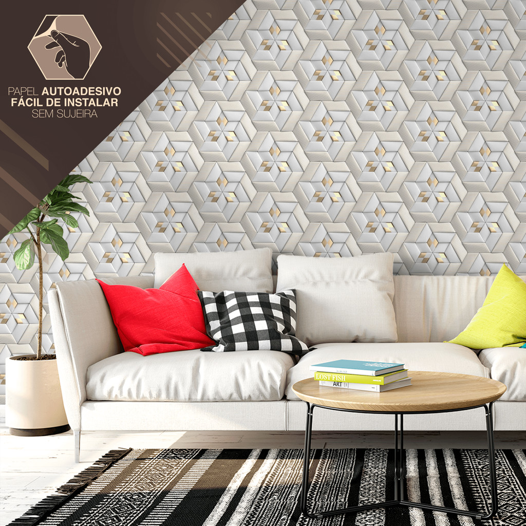 Papel de Parede Vinílico Resistente Geométrico Detalhe Dourado Fácil de Aplicar