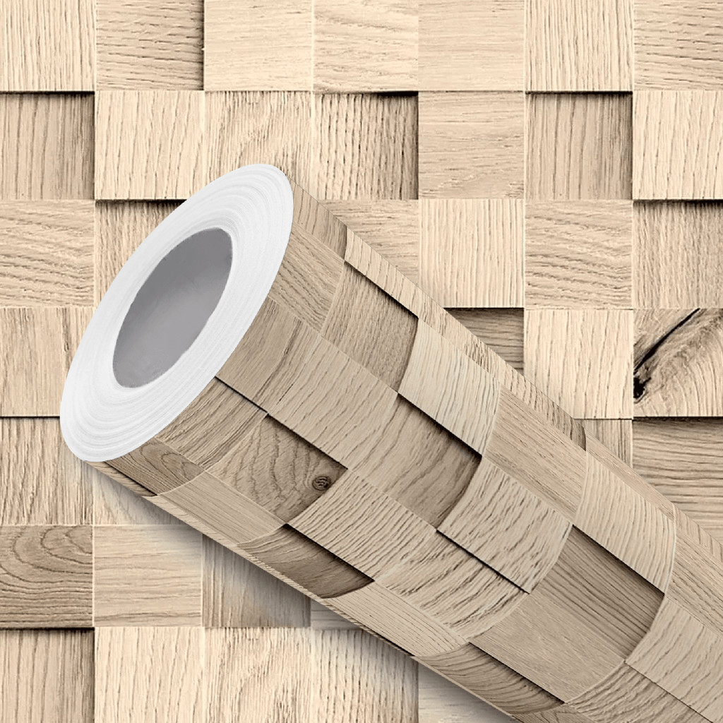 Papel de Parede Vinílico Adesivo Cubos Madeira Clara Natural Fácil de Aplicar