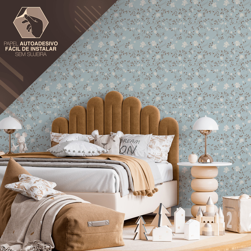 Papel de Parede Azul Claro Floral Delicado Adesivo Fácil Aplicação