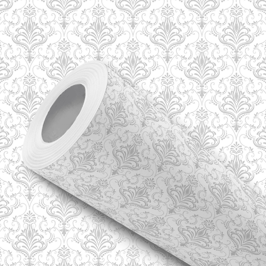 Papel de Parede Vinílico Adesivo Branco Arabesco Cinza Claro Fácil de Aplicar