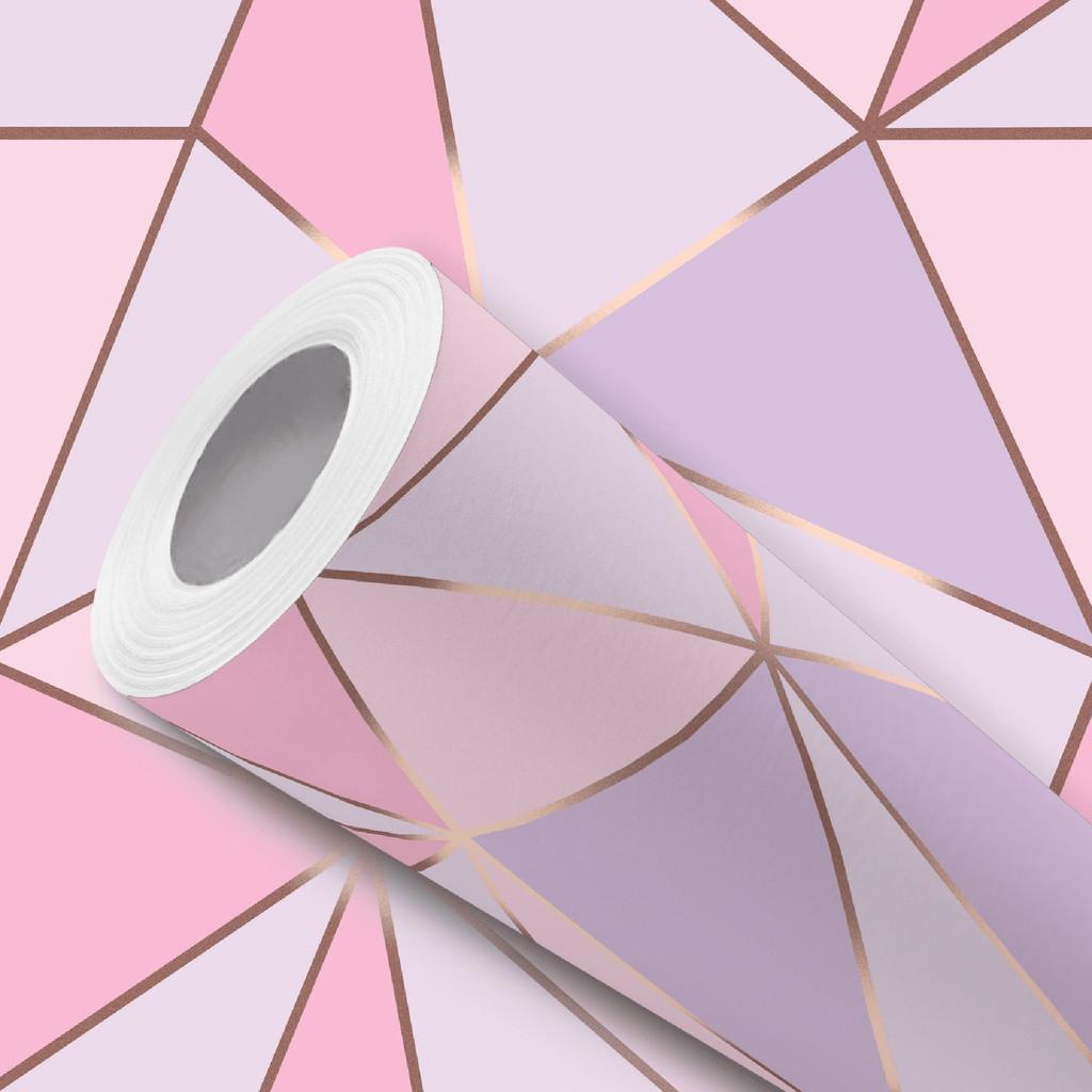 Papel de Parede Vinílico Adesivo Triângulos Lilás Rose Gold Fácil de Aplicar