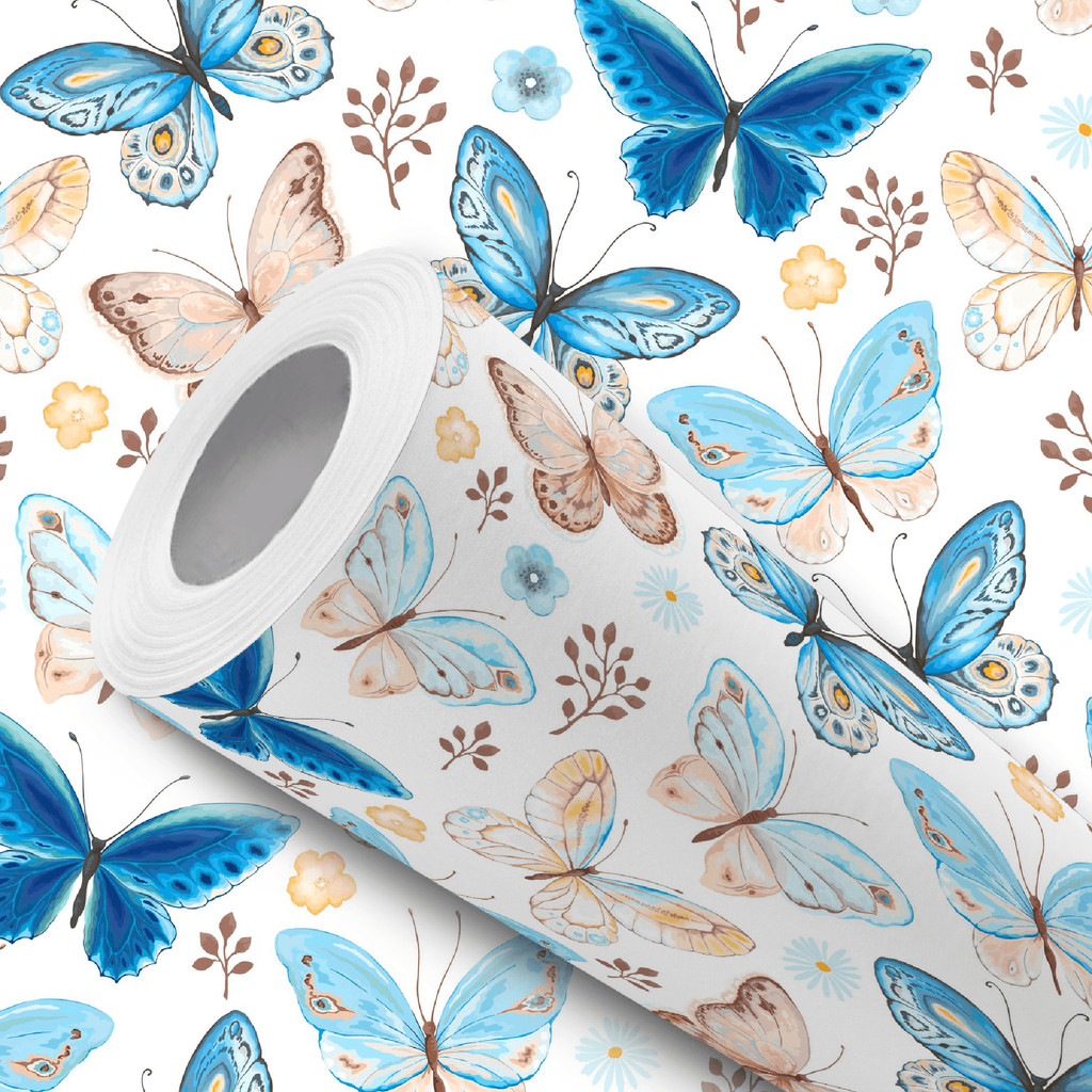 Papel de Parede Vinílico Resistente Bege com Borboletas Azul Fácil de Aplicar em Oferta na Shopee