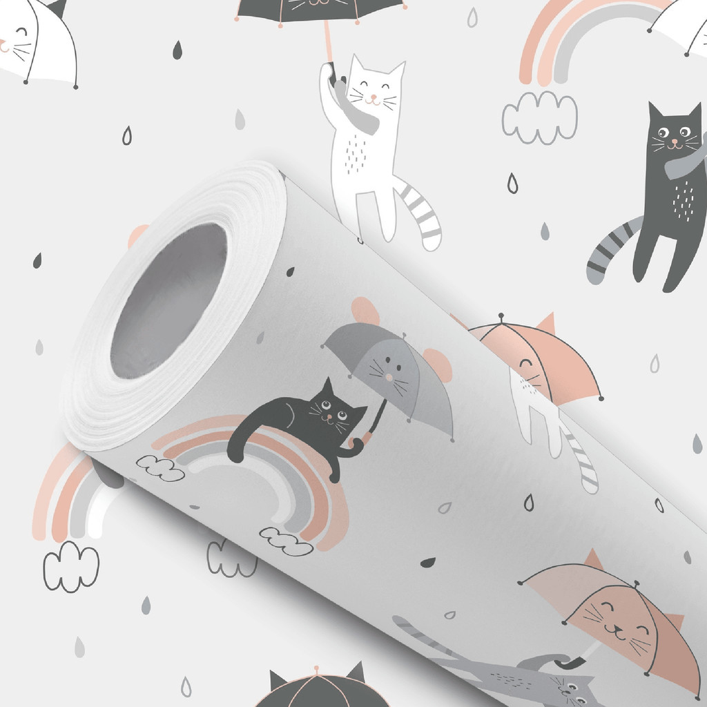 Papel de Parede Vinílico Adesivo Cinza Gato Guarda Chuva Fácil de Aplicar