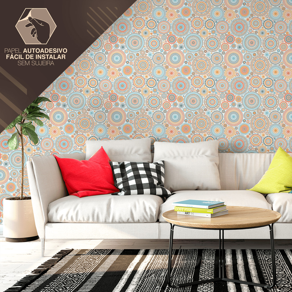 Papel de Parede Vinílico Adesivo Mandala Floral Azul Laranja Fácil de Aplicar
