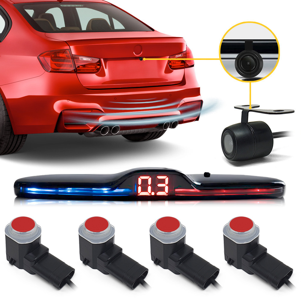 Kit Sensor de Ré OEM Vermelho + Câmera Ré Corolla 2013 2014 2015 2016 2017 Padrão Fábrica S/ Bordas Liso