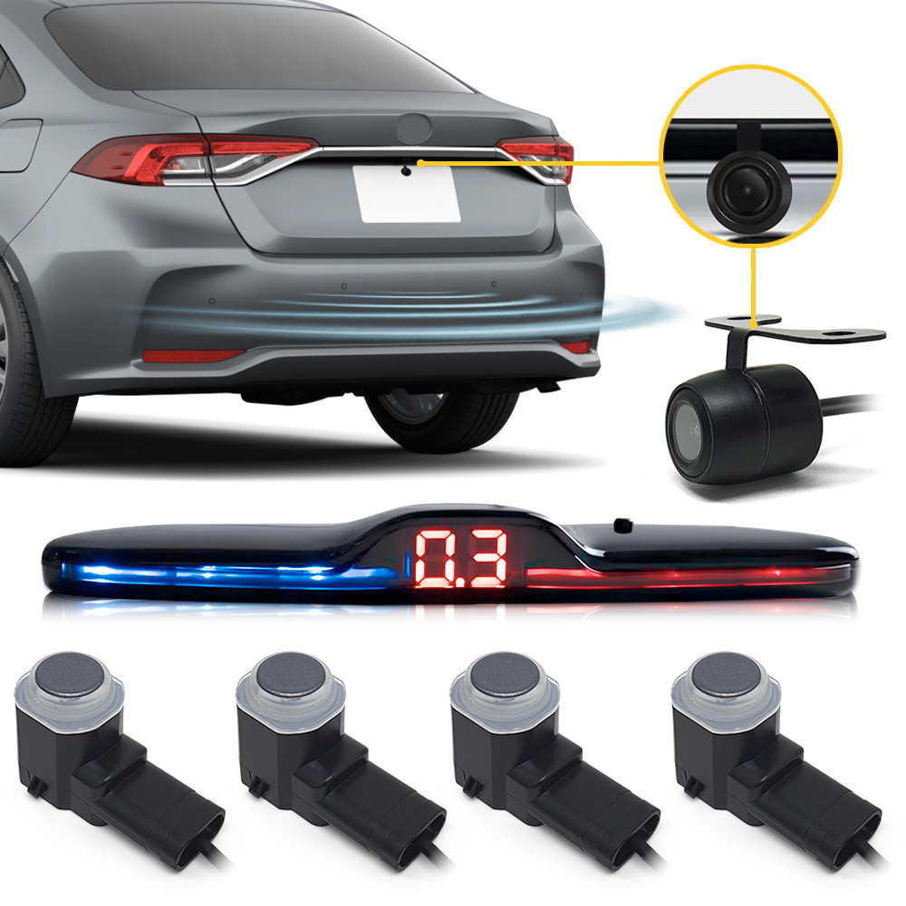 Kit Sensor de Ré OEM Grafite + Câmera Ré Corolla 2013 2014 2015 2016 2017 Padrão Fábrica S/ Bordas Liso
