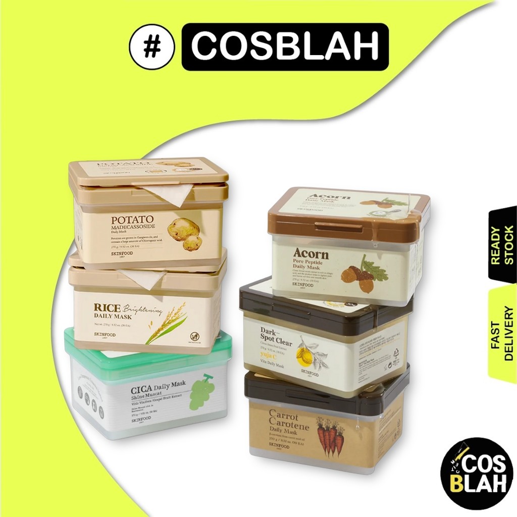 Conjunto de potes de Máscaras Diárias Skinfood variadas em uma composição visual com fundo amarelo e branco