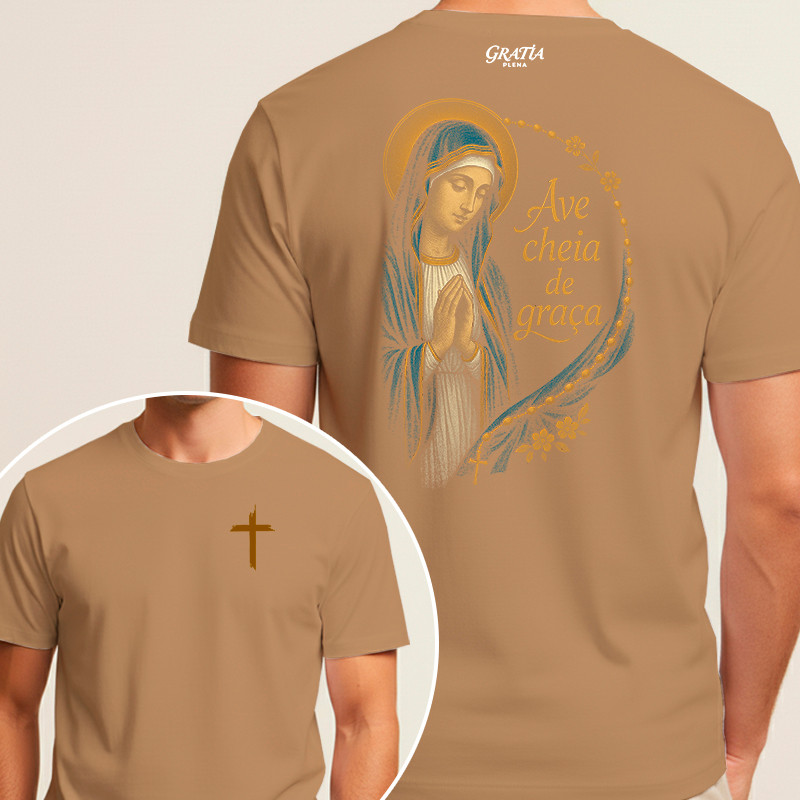 Camiseta Ave Maria Cheia de Graça Cristã Algodão Confortável