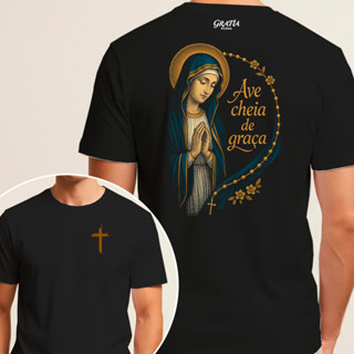 Camiseta Ave Maria Cheia de Graça Cristã Algodão Confortável em Oferta na Shopee