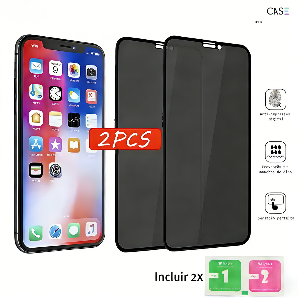 Kit 2 Película Cerâmica Privacidade Fosca Para iPhone 16 16E 15 14 13 12 11 X XS XR 7 8 6 6S SE Pro Max Plus M001