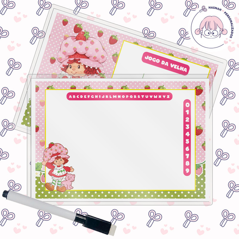 Kit 25 Lousa Mágica + Caneta Com Apagador Tema Moranguinho Antiga 1 Festa Infantil Lembrancinha